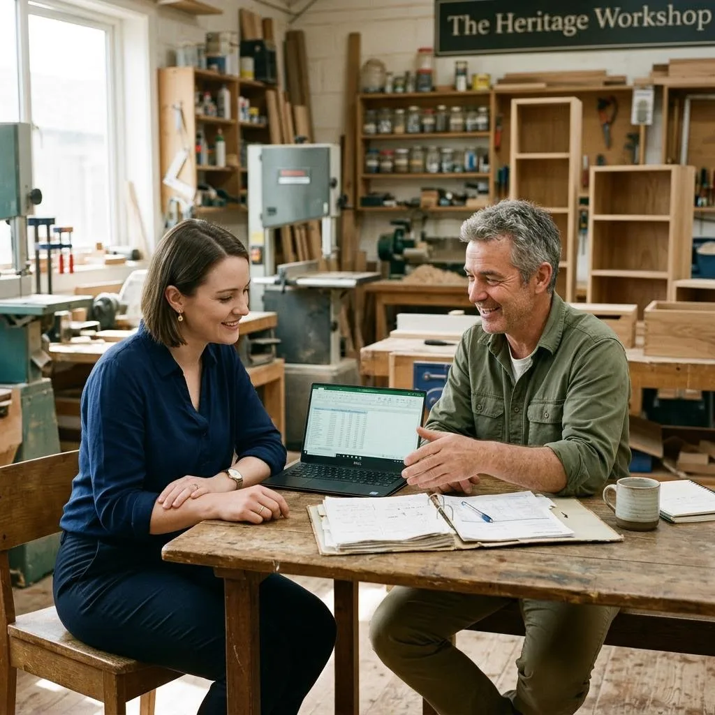 Two people reviewing documents and a laptop together in a woodworking workshop