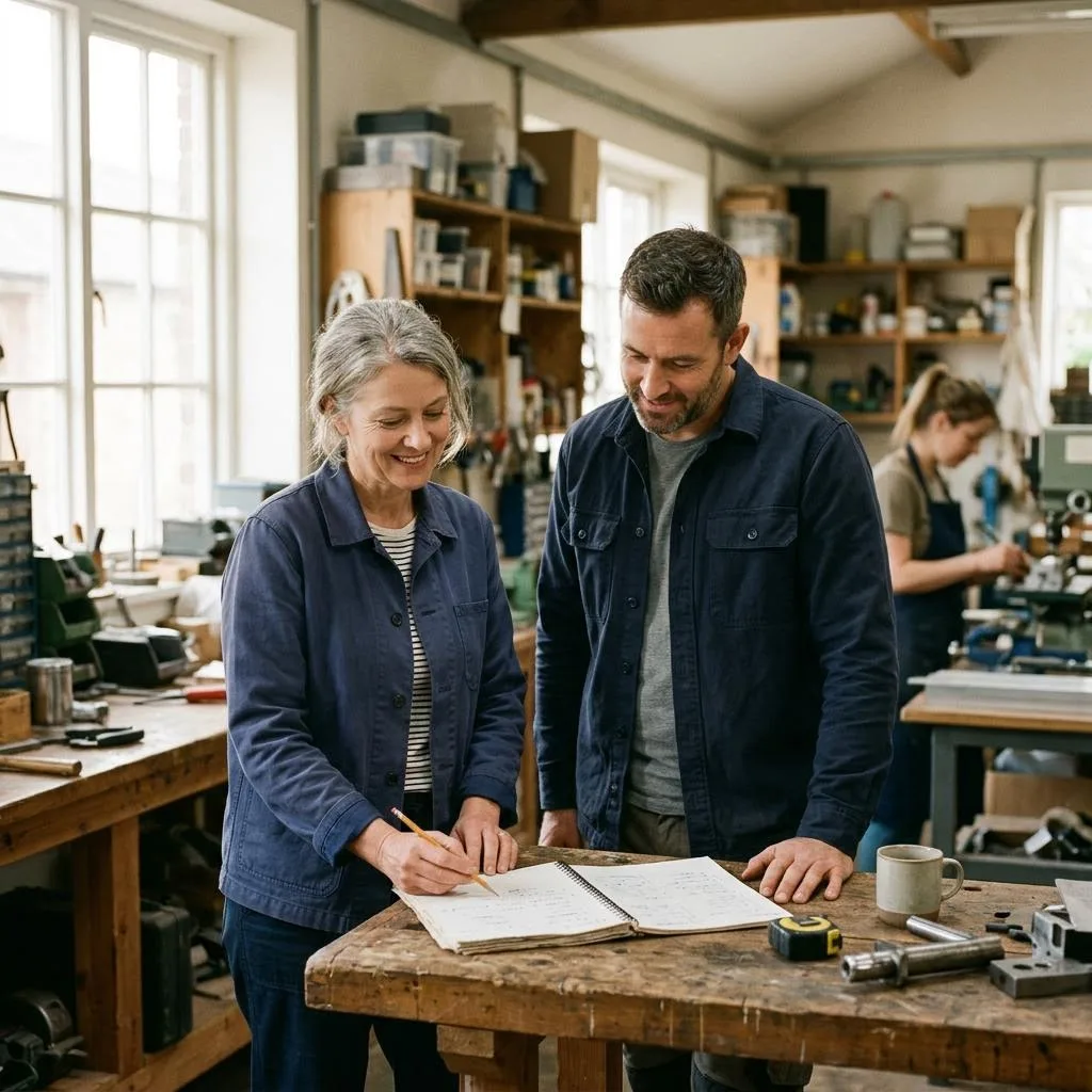 Two people reviewing a notebook together at a workbench in a small workshop
