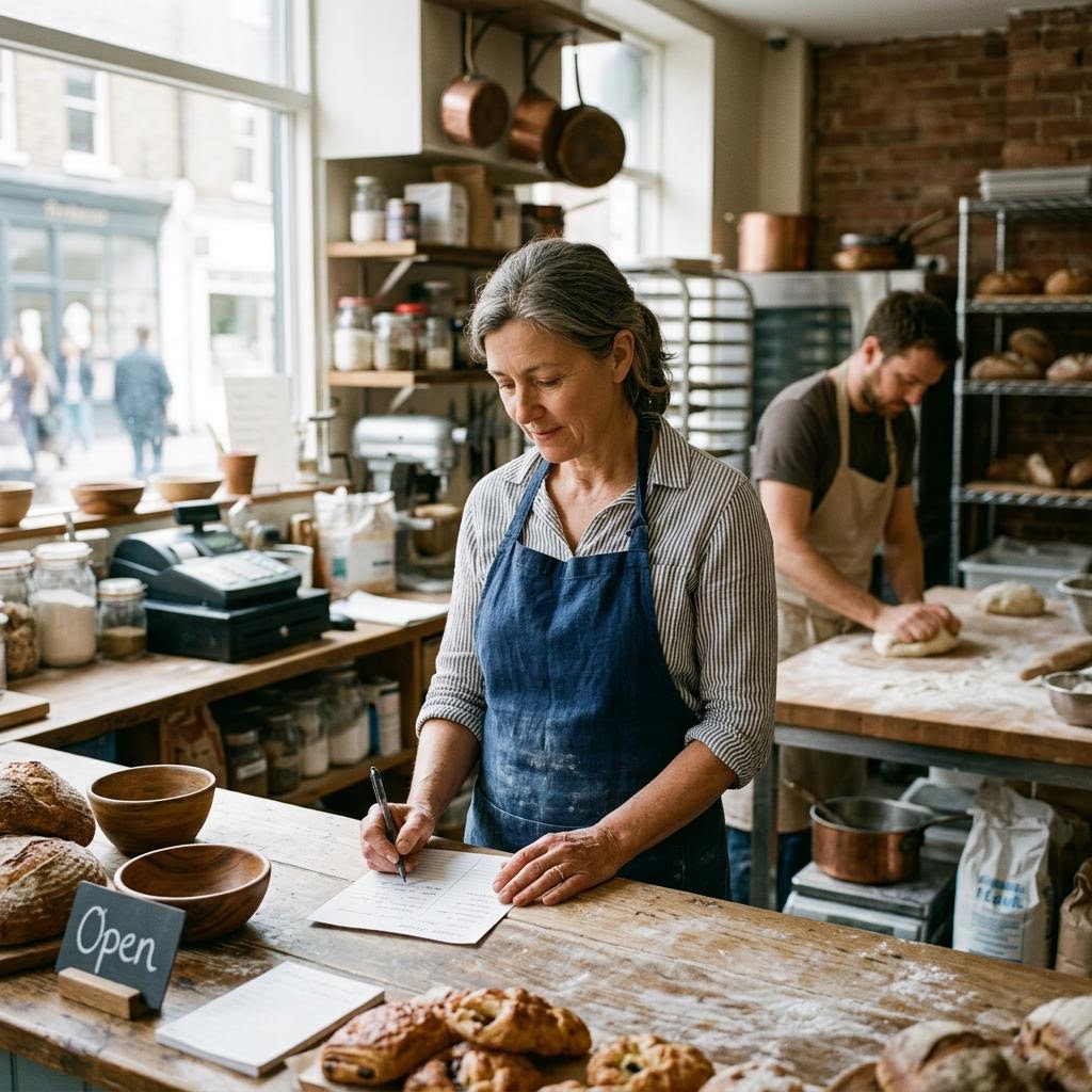 A bakery owner reviewing the day’s orders while her team prepares fresh dough